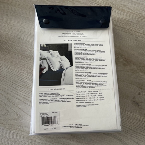 Ralph Lauren Palmer Home Bedding Flat Sheet White Polo Navy Blue TWIN - Picture 6 of 6